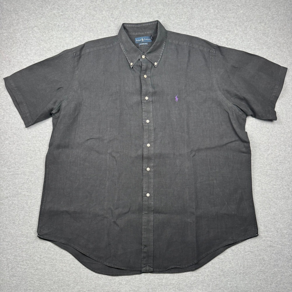 Ralph Lauren Mens XXL Classic Fit Black 100% Linen Short Sleeve Button Down
